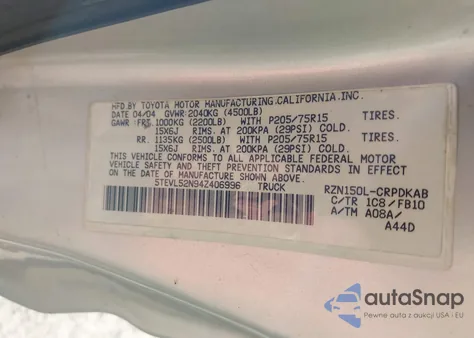 2004 Toyota Tacoma z USA, uszkodzony, nr VIN 5TEVL52N94Z406996